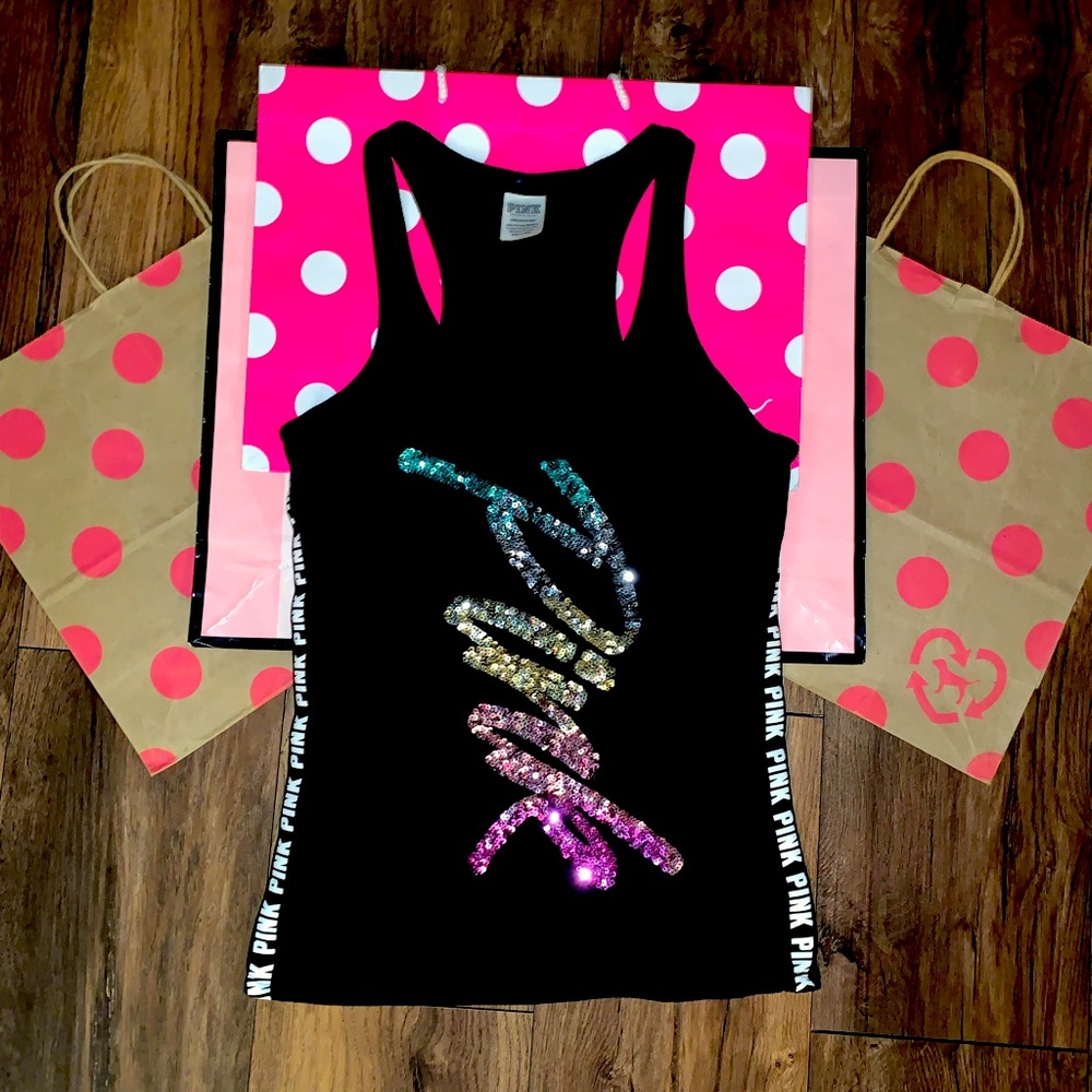VS PINK SIZE SMALL RARE HTF OMBRÈ RAINBOW BLING SCRIPT LOGO TANK.